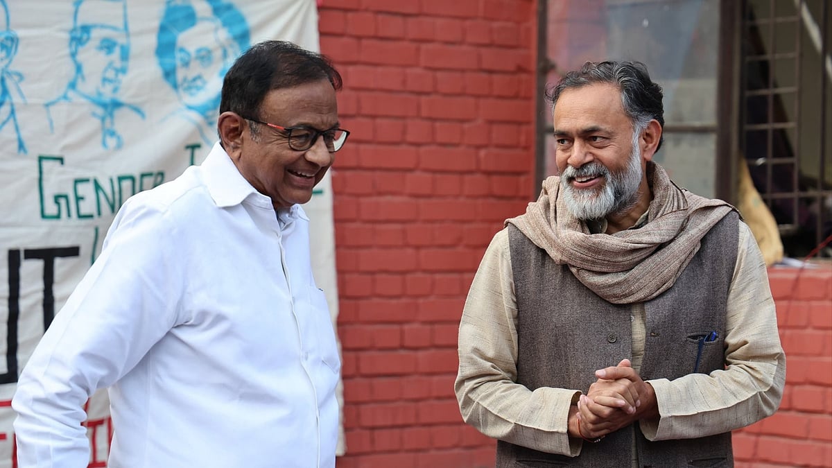 P. Chidambaram (L) with Yogendra Yadav at a recent talk discussing the 2025 Union Budget with youth 