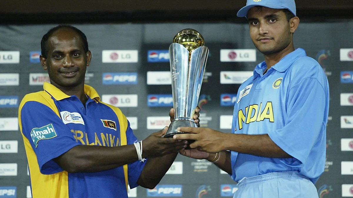 Joint winners: Sourav Ganguly and Sanath Jayasuriya pose with the 2002 Champions Trophy
