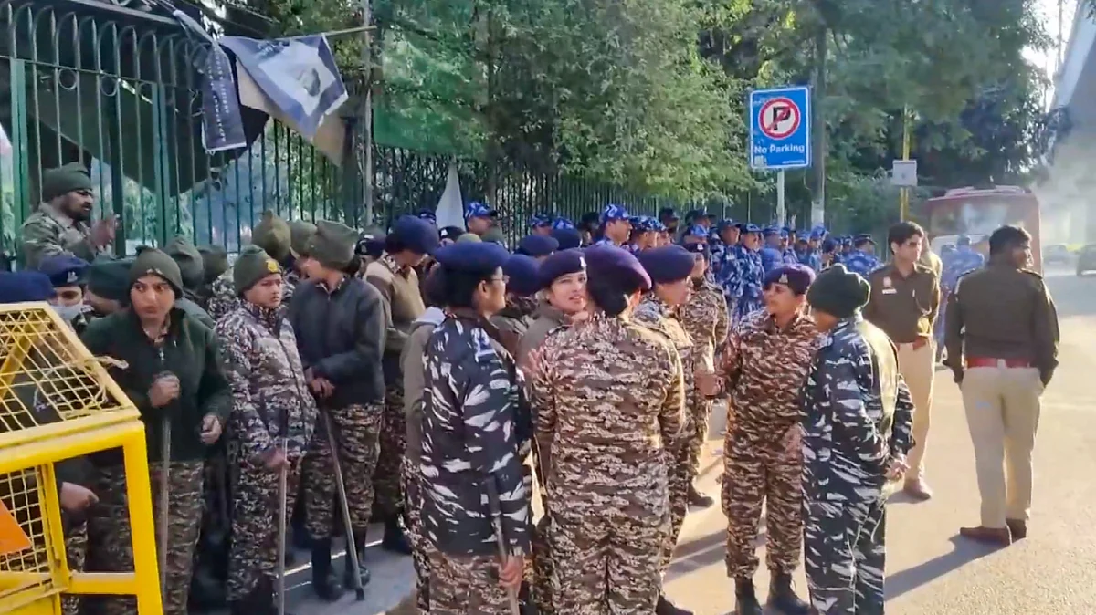 Security personnel outside Jamia Millia Islamia University on 13 February (photo: PTI)