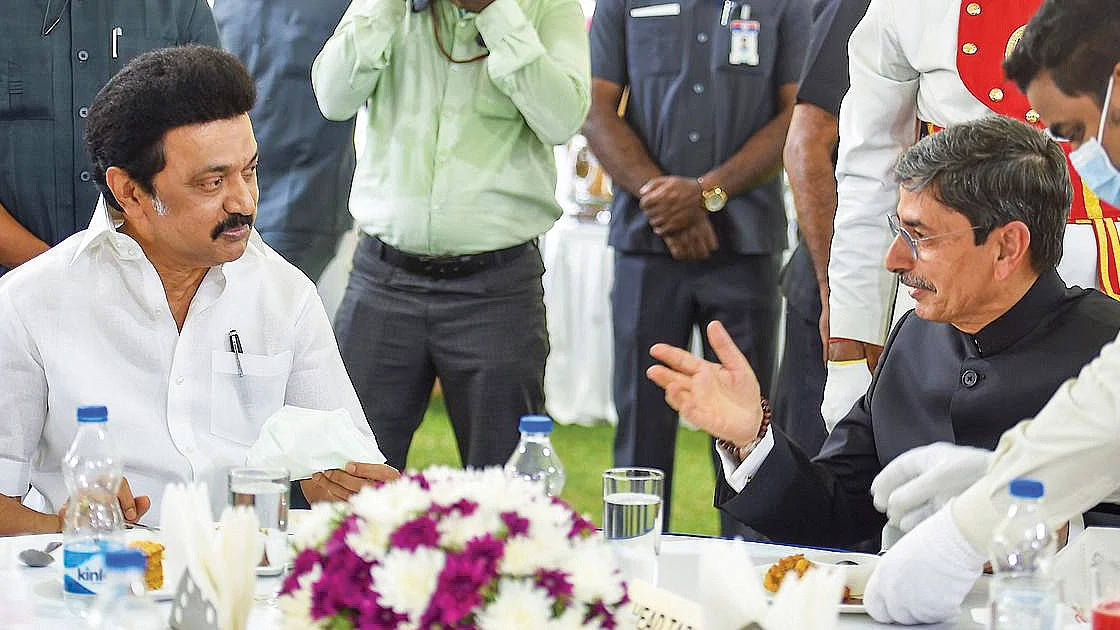 Tamil Nadu chief minister M.K. Stalin with governor R.N. Ravi (right)
