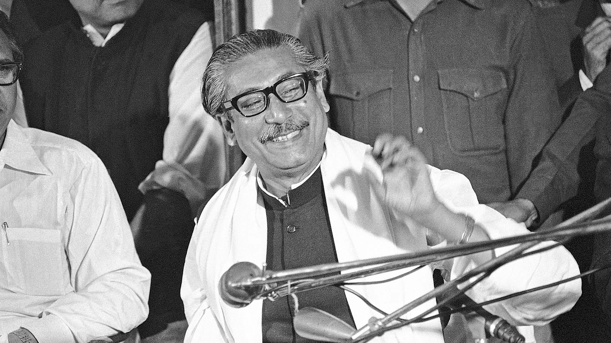 Sheikh Mujibur Rahman speaks at a press conference in Dhaka, 14 Jan 1972