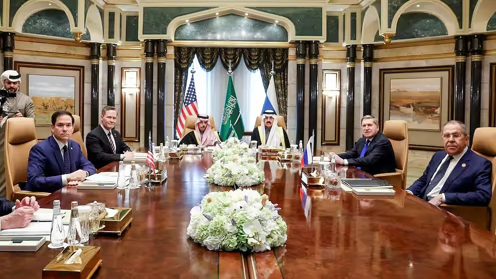US (left) and Russian (right) officials meet to discuss Russia's war on Ukraine in Saudi Arabia