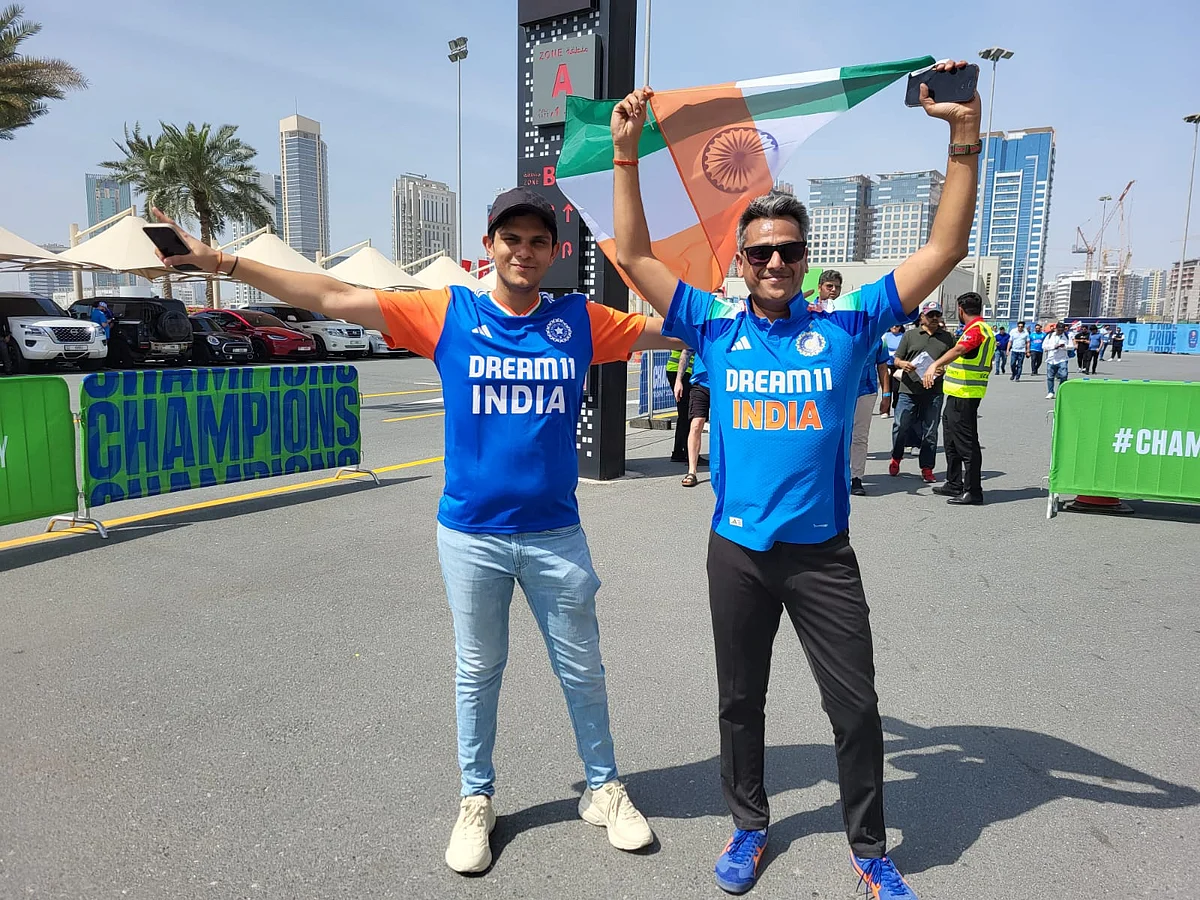 Indian fans outside the cricket stadium in Dubai, 23 Feb. 2025 (Photo: Gautam Bhattacharyya)