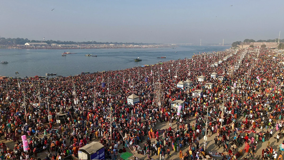 An aerial view of devotees taking a holy dip at Sangam (photo: PTI)