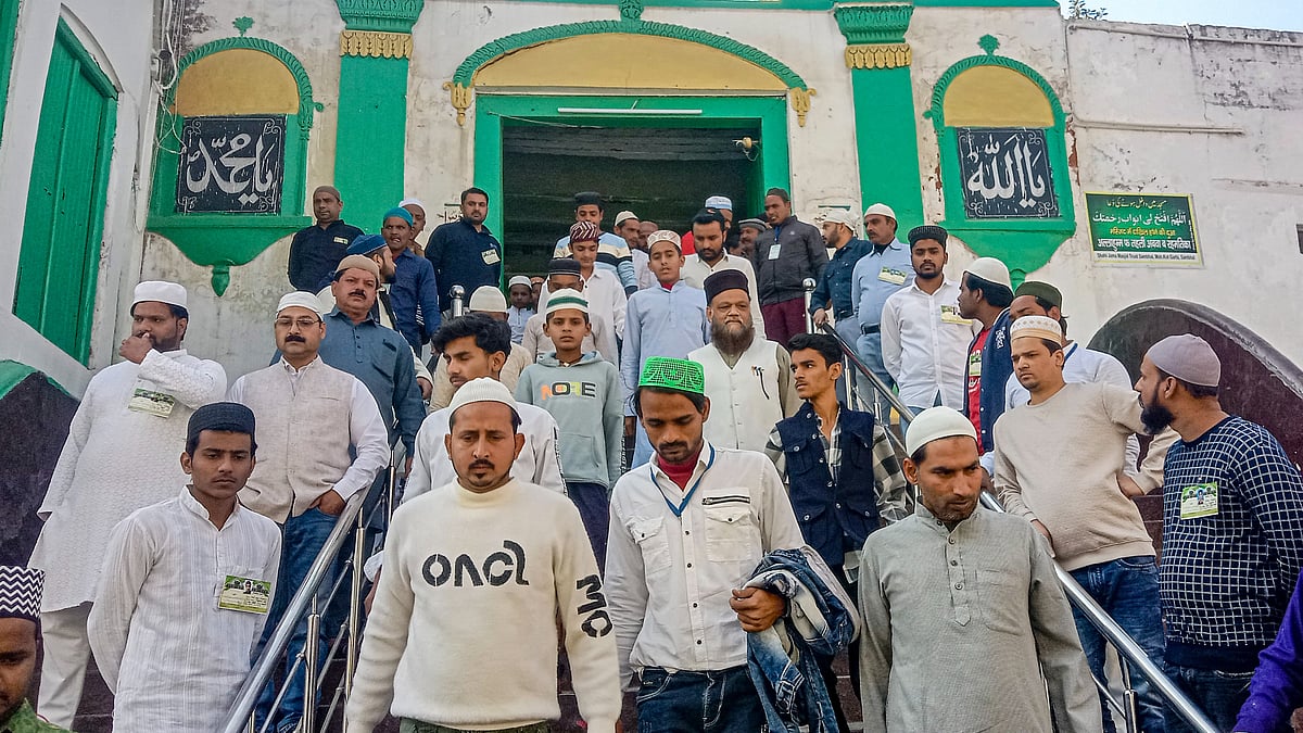 Devotees leave Shahi Jama Masjid after offering prayers in Sambhal on 6 December 2024 (photo: PTI)