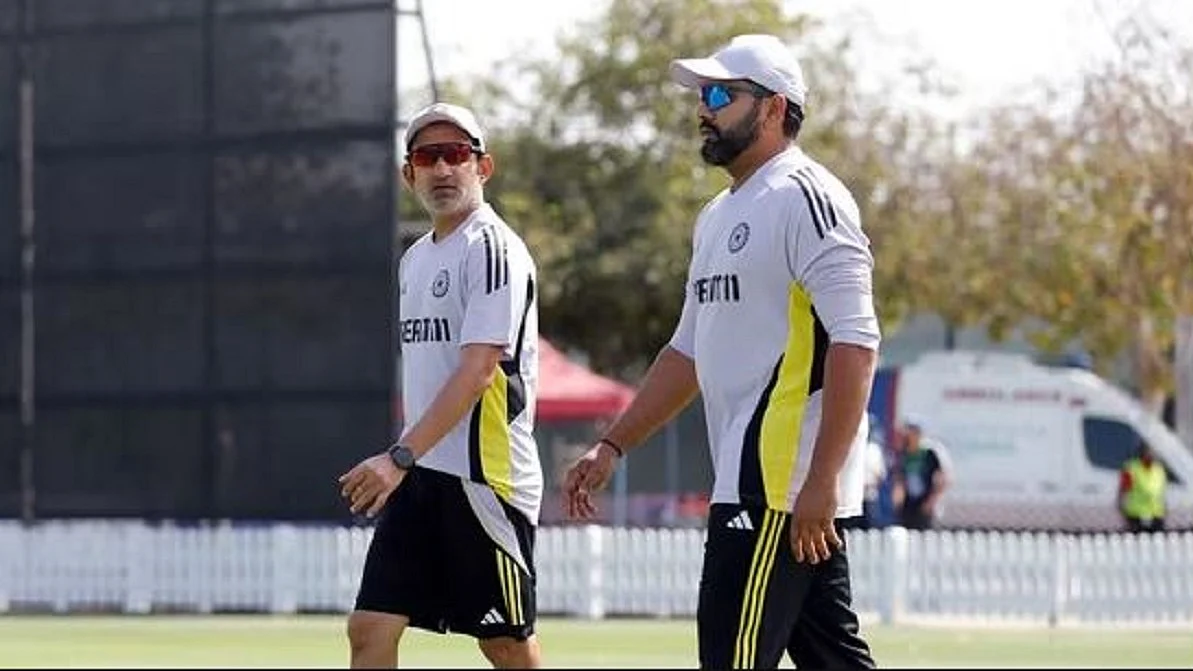 Rohit Sharma and Gautam Gambhir at the ICC Global Academy ground in Dubai