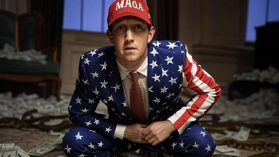 AI-generated parody art of Meta chief Mark Zuckerberg in a red MAGA cap and American flag-coded suit