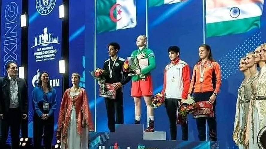 Imane Khelif at the World Boxing Championships podium (won silver this time)