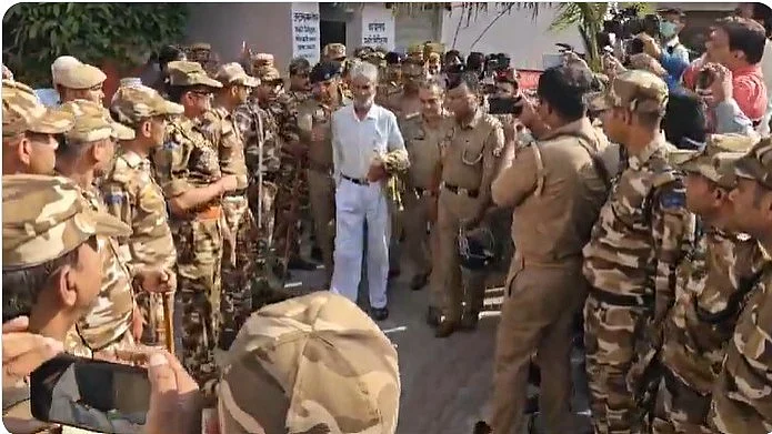 Sambhal Jama Masjid committee president Zafar Ali being taken away by police, 23 March 2025