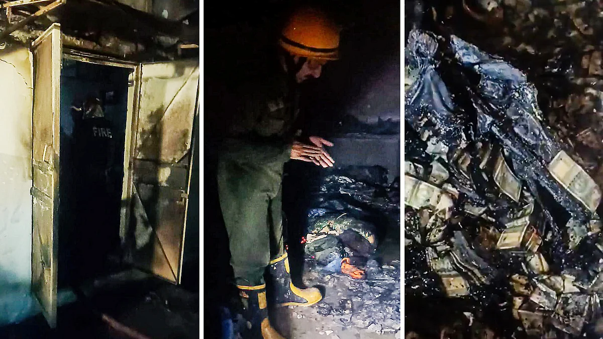 Entrance to storeroom (far left) and burned stacks of cash (photo: PTI)