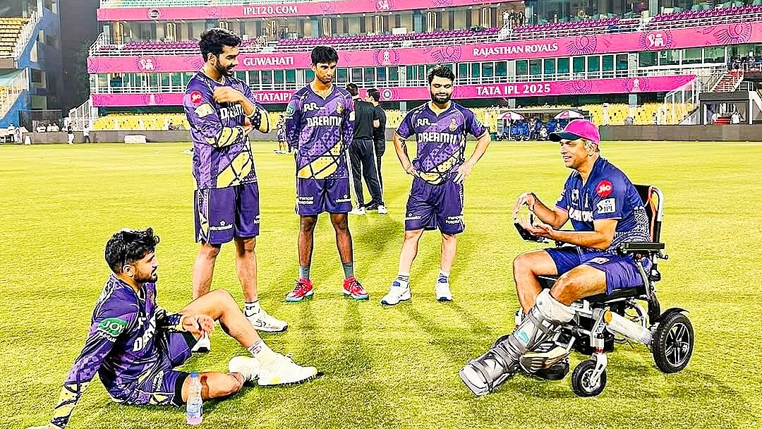 Rahul Dravid, chief coach of Rajasthan Royals, has a chat with KKR players in Guwahati