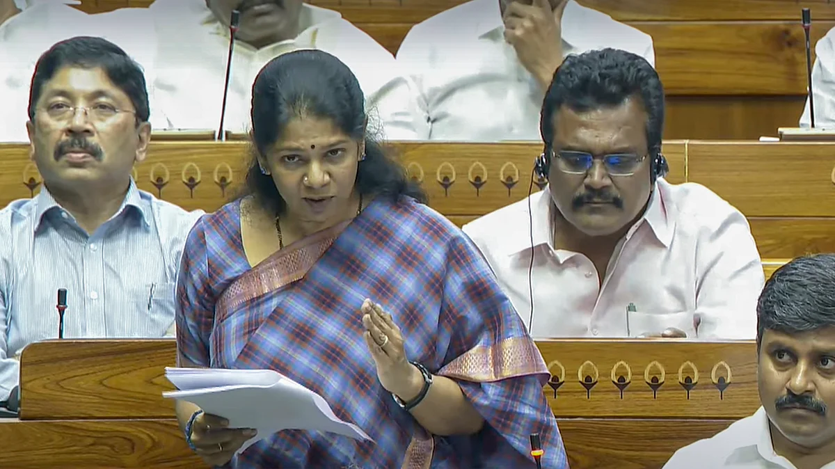 DMK member Kanimozhi speaks in the Lok Sabha during the Budget session of Parliament