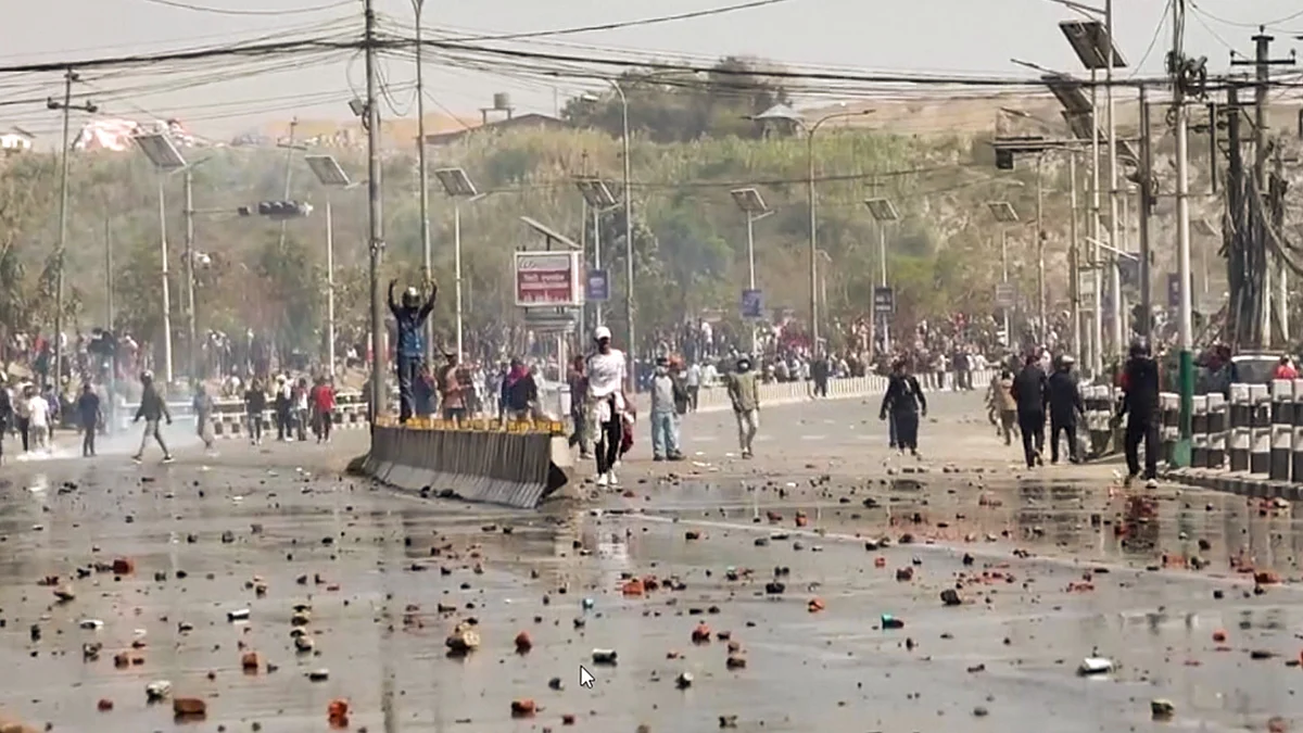 A Kathmandu street littered signs of the protestors-police clash (photo: PTI)