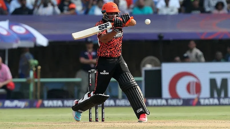 Aniket Verma of Sunrisers Hyderabad unleashes one of his sixes on 30 March (photo: BCCI)
