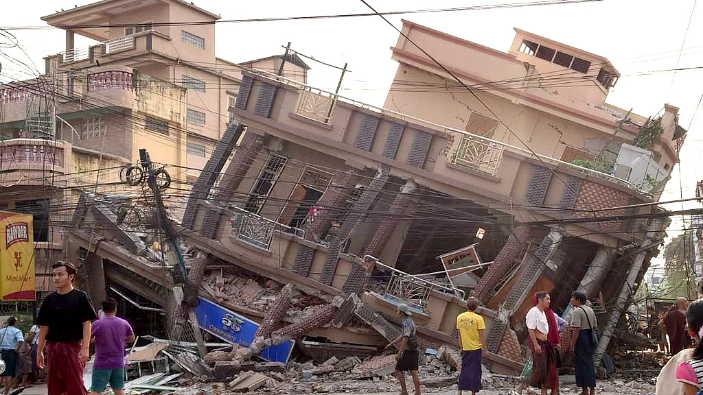 Building pulled down by the earthquake in Myanmar