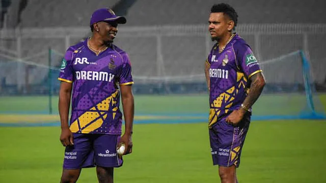 KKR mentor Dwayne Bravo (left) with fellow West Indian Sunil Narine (photo: @KKRiders/X)