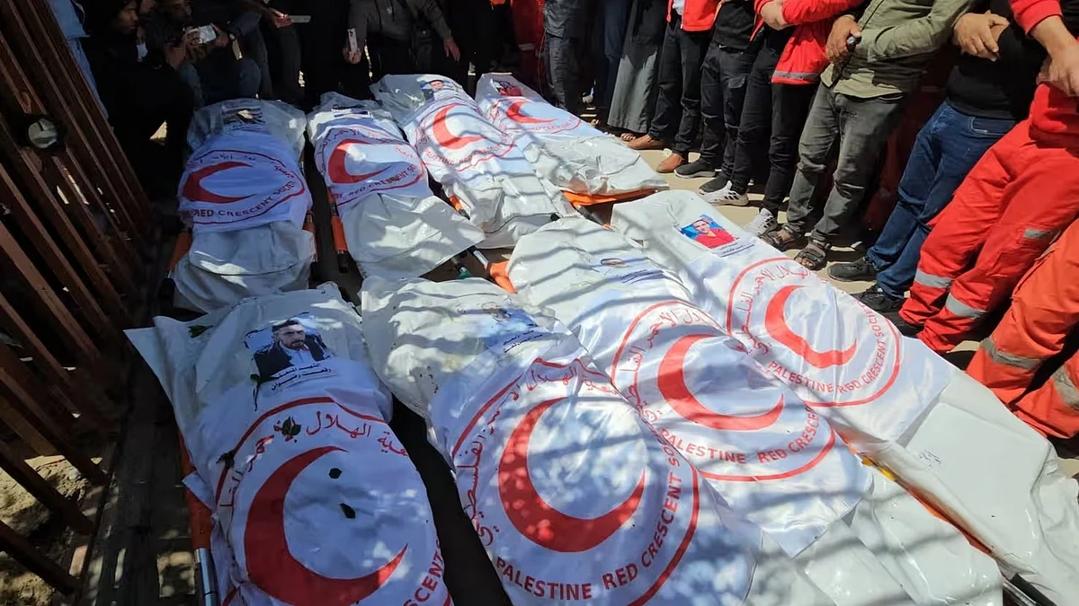 The recovered bodies of the 15 medics killed in Palestine by the IDF, for interrment by the Red Crescent