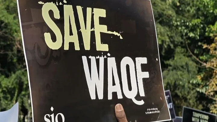 'Save Waqf' placard at an anti-Waqf Bill rally ahead of its passage, part of an ongoing agitation 