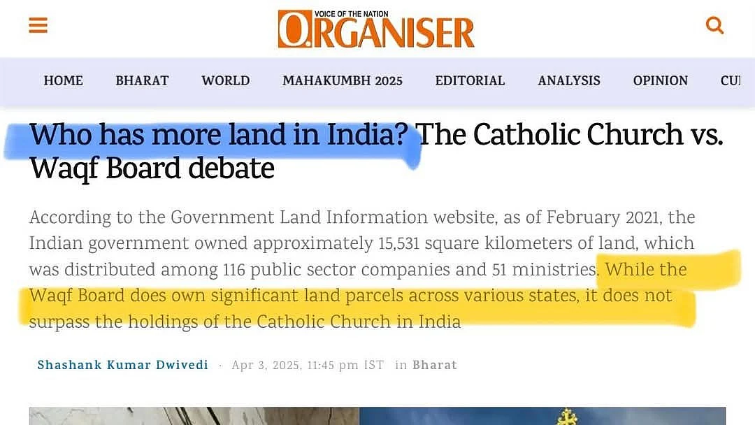 The Organiser article pitting land ownership by the Catholic Church against waqf property 