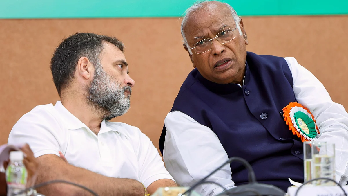 Mallikarjun Kharge and Rahul Gandhi in Ahmedabad on 8 April (photo: PTI)