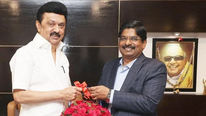 P. Wilson (right) with M.K. Stalin (photo: @Surya_BornToWin/X)