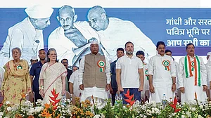 Congress leaders at the AICC session in Ahmedabad on 9 April