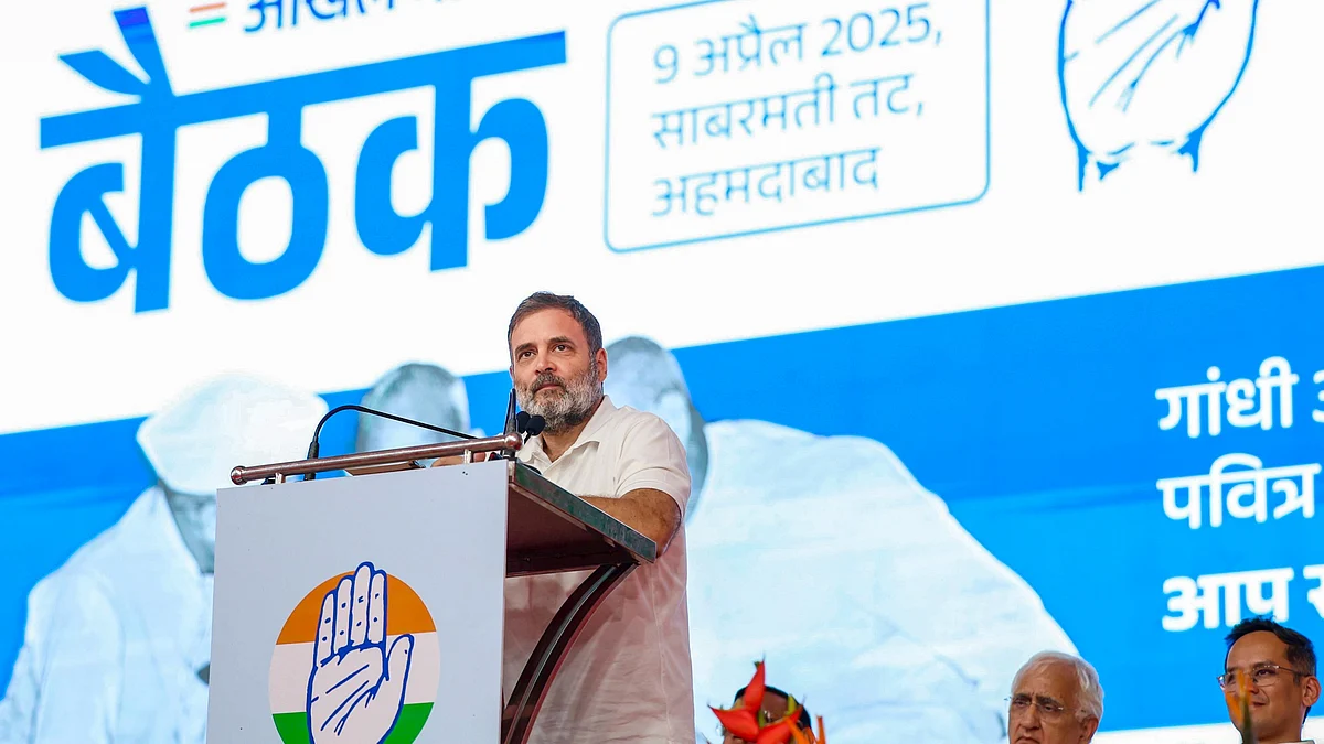 Rahul Gandhi addresses AICC session in Ahmedabad on 9 April (photo: PTI)