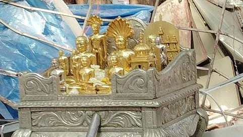 Images of the Jain tirthankaras amid the ruins of the bulldozed Digambara temple in Vile Parle, Mumbai  