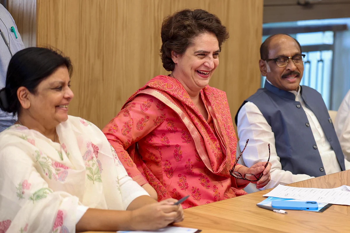 Priyanka Gandhi at the AICC secretaries' meeting in New Delhi, 19 April 2025 (PTI)