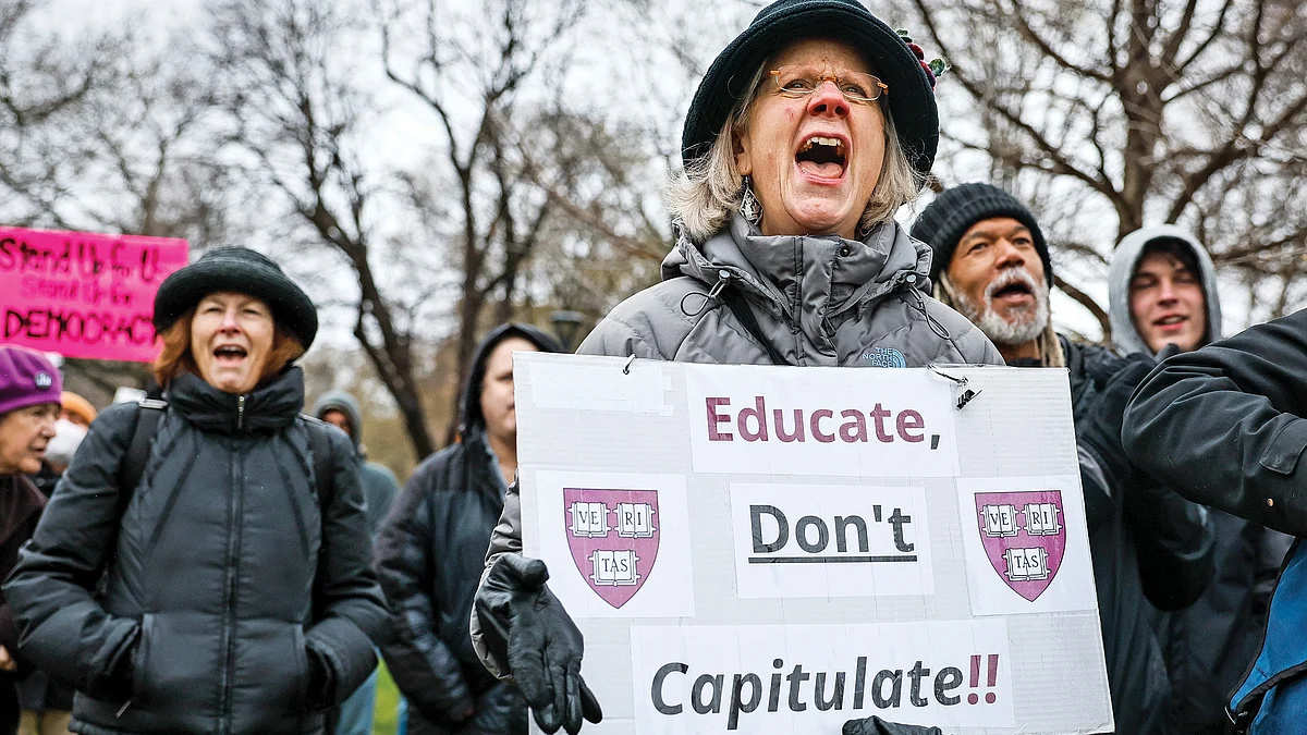 Protesters in Massachusetts urge Harvard to resist the Trump administration’s bullying sanctions