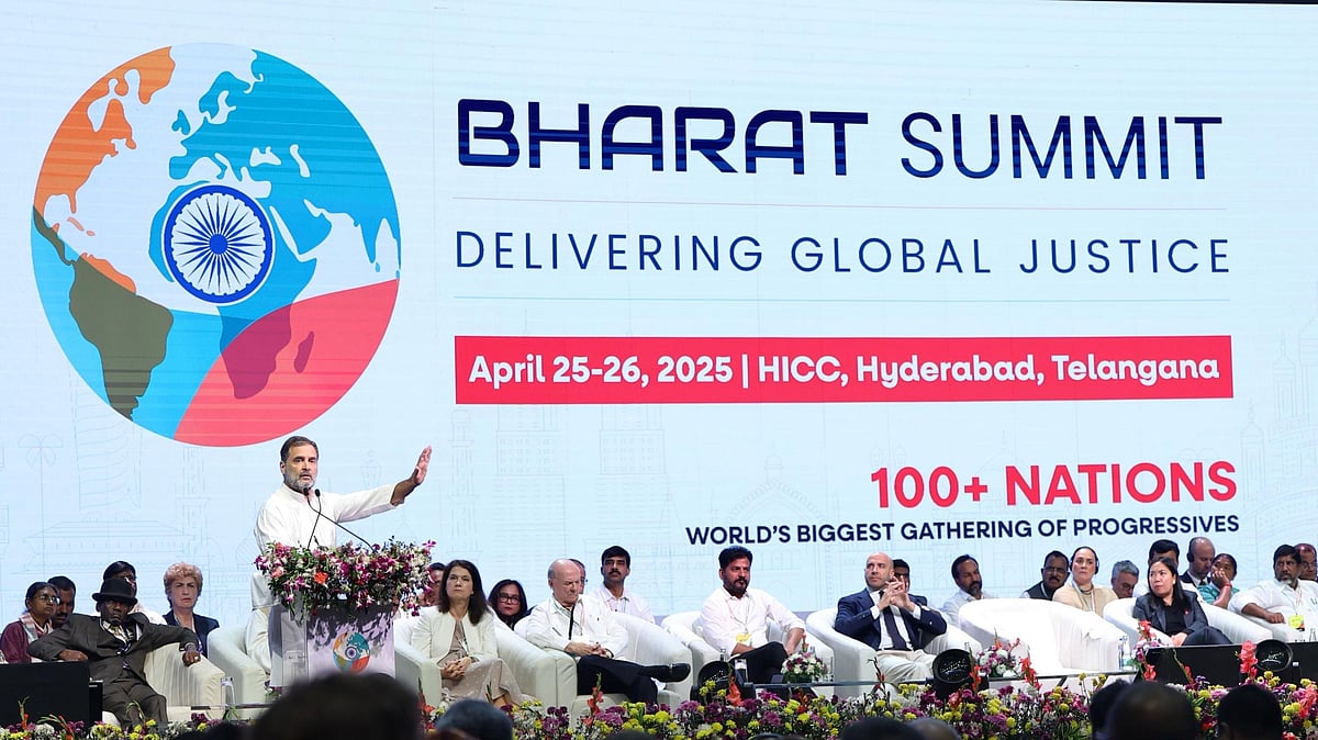 Rahul Gandhi addresses the Bharat Summit in Hyderabad, 26 April 2025