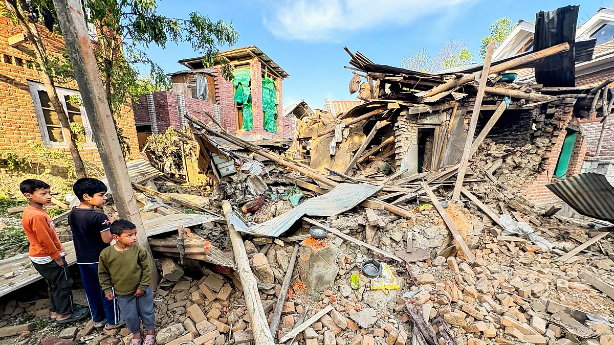 Ruins of Pahalgam attack accused Zakir Ahmad Ganie's home after a blast in Kulgam district (photo: PTI)