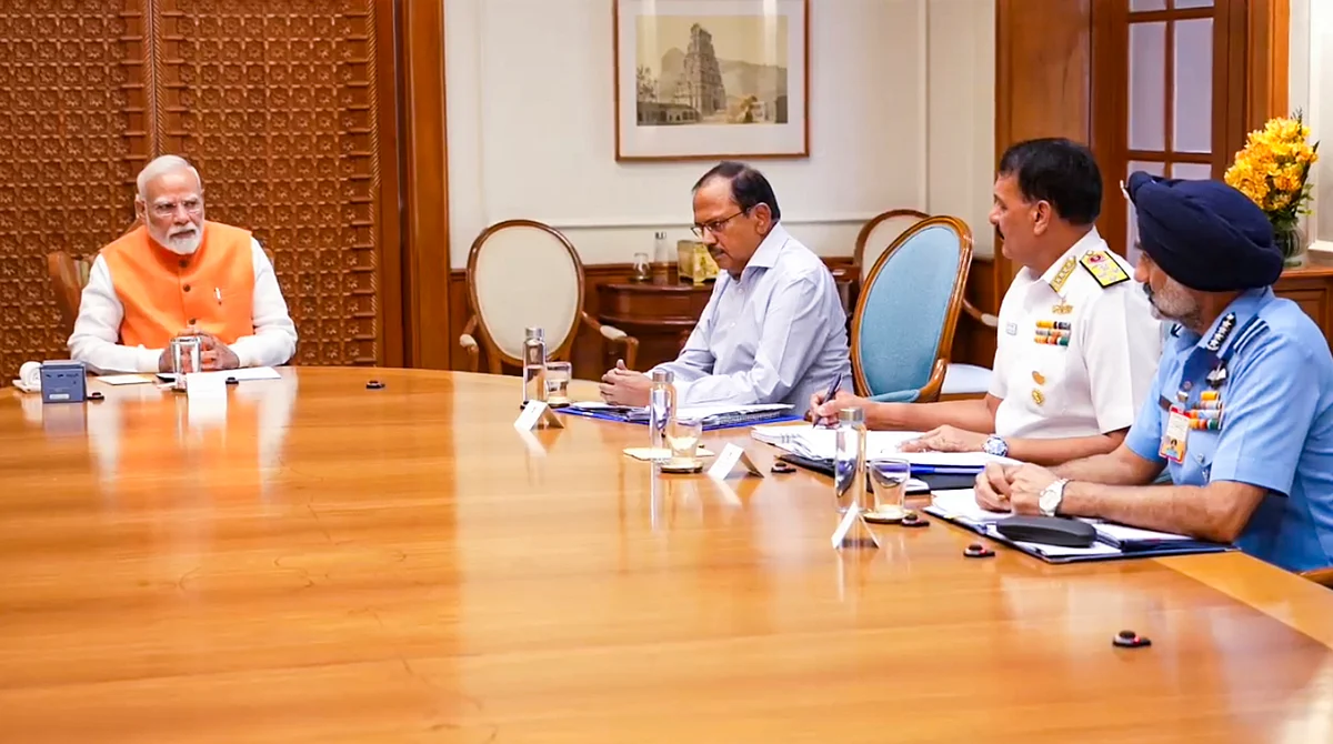 PM Modi with NSA Ajit Doval, chief of naval staff Admiral Dinesh K Tripathi, Air Chief Marshal Amarpreet Singh