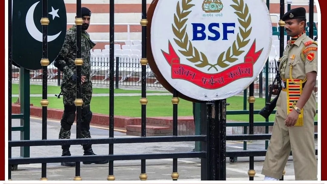 BSF logo and Pakistan flag signposted at the Attari–Wagah border