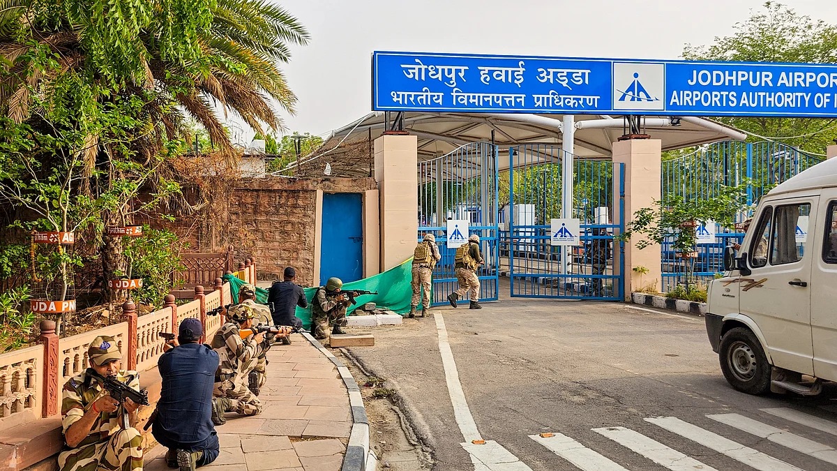 Security personnel during a mock drill at Jodhpur airport on 9 May (photo: PTI)