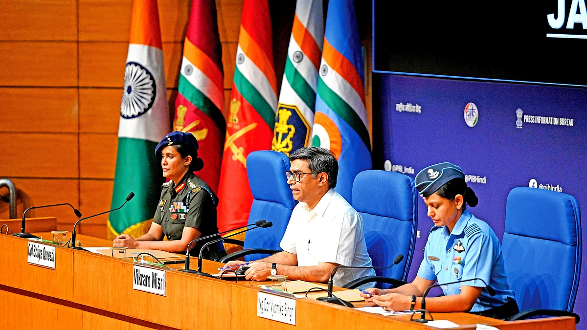 Foreign secretary Vikram Misri (C), Col. Sofiya Qureshi and Wing Commander Vyomika Singh brief the media