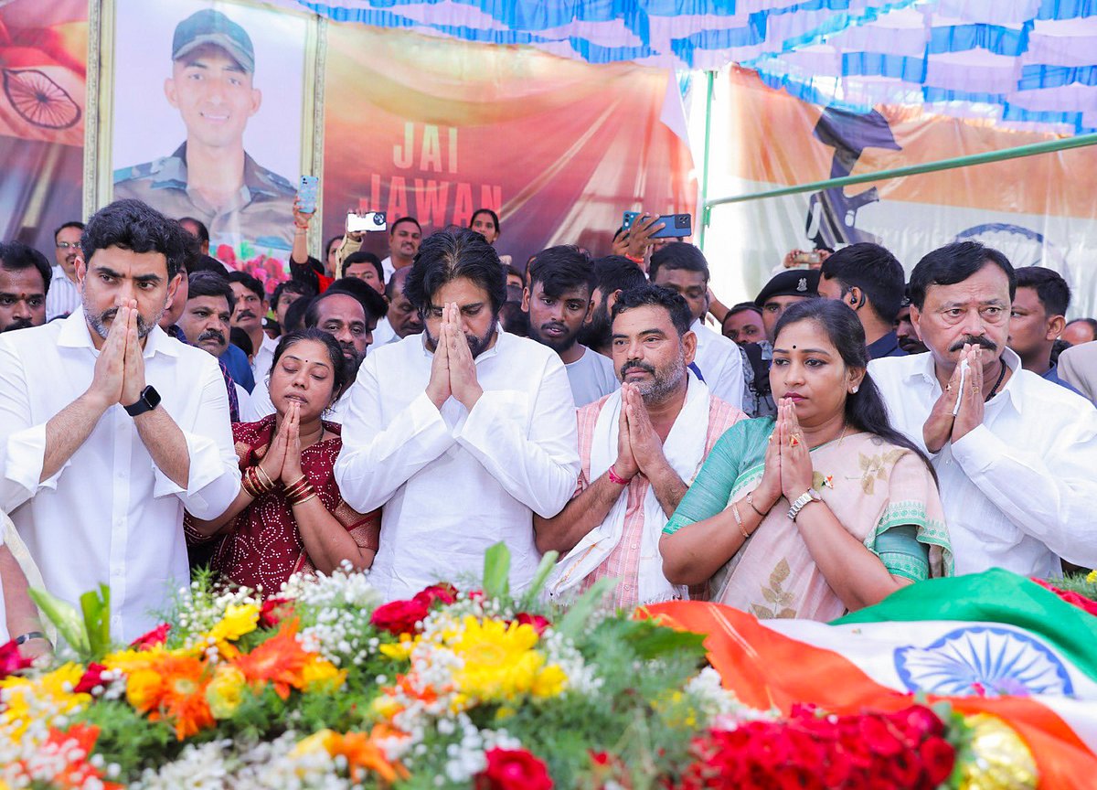 Andhra Pradesh deputy CM Pawan Kalyan pays tribute to slain soldier Mudavath Murali Naik (photo: @APDeputyCMO/X)