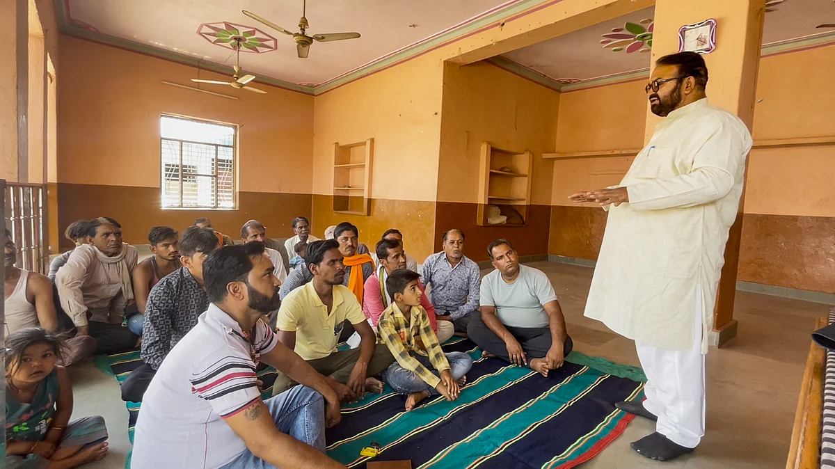 Villagers hold a meeting to register their protest against cutting Shahabad forest (photo: PTI)
