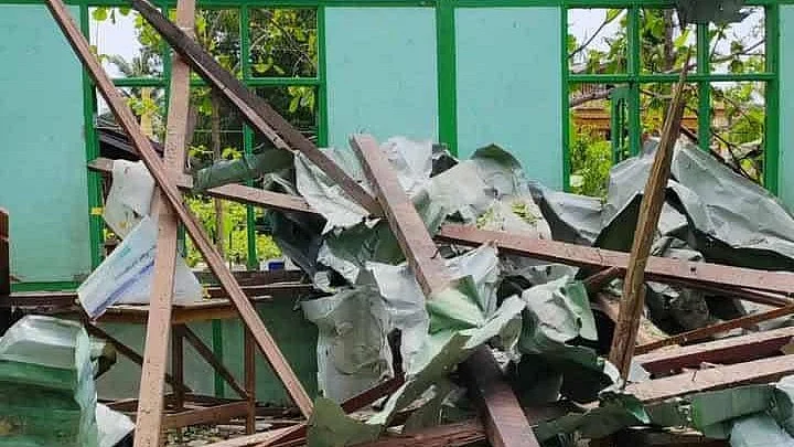 Wreckage of the flimsy school building after the airstrike