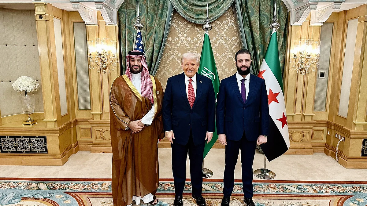 Trump with the Saudi crown prince (far left) and Syria's interim president (photo: @PressSec/X)