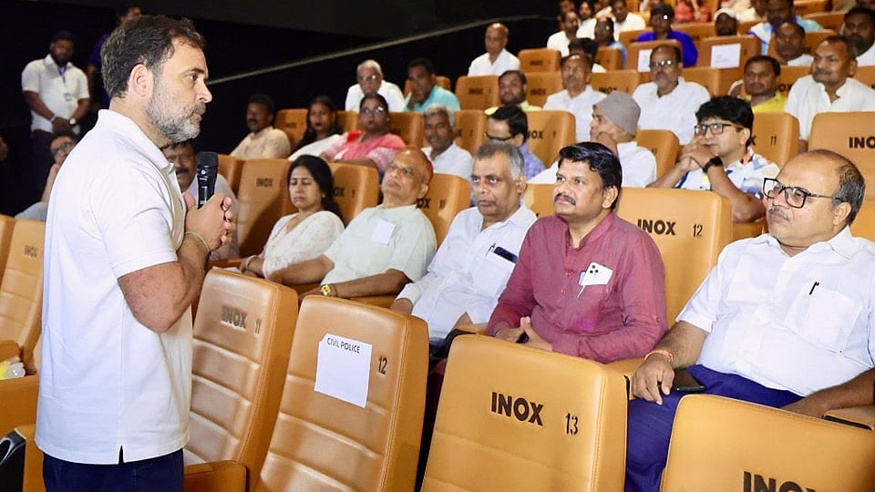 Rahul Gandhi addresses the audience before the screening of Phule in Patna