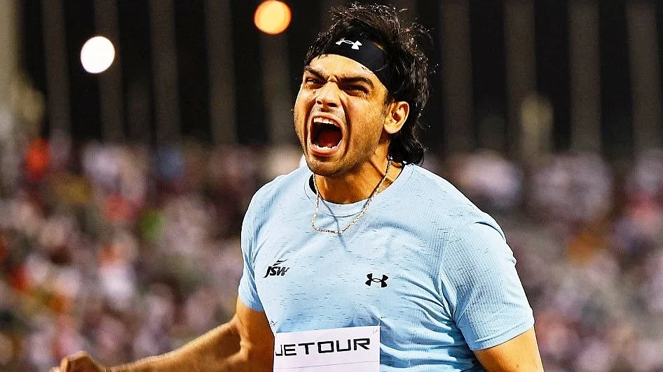 Neeraj Chopra celebrates his humongous throw (photo: @narendramodi/X)