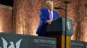 Donald Trump speaks at Al Udeid Air Base on 15 May (photo: AP/PTI)