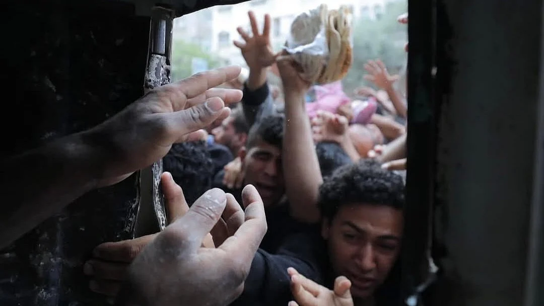 A scramble for food in starving Gaza (photo: @Timesofgaza/X)