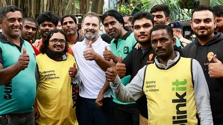 Rahul Gandhi with gig workers during the Bharat Jodo Yatra