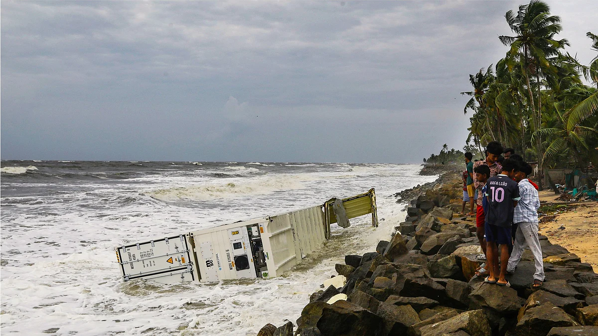A container of MSC Elsa 3 washes up in Kollam (photo: PTI)