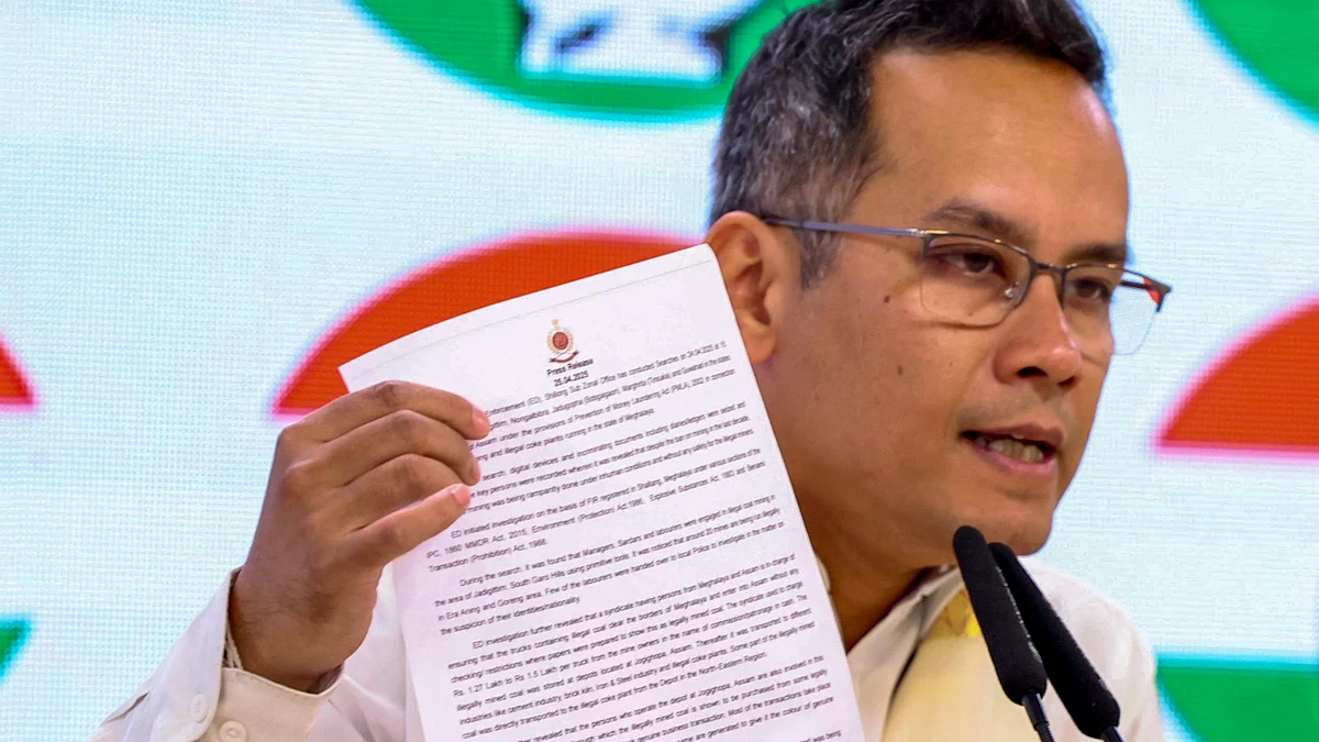 Congress MP Gaurav Gogoi addresses a press briefing in New Delhi on 28 May (photo: PTI)