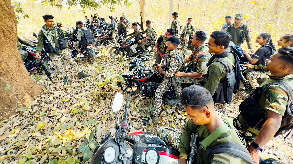 District Reserve Guard personnel patrolling in Dantewada in Chhattisgarh’s Bastar division