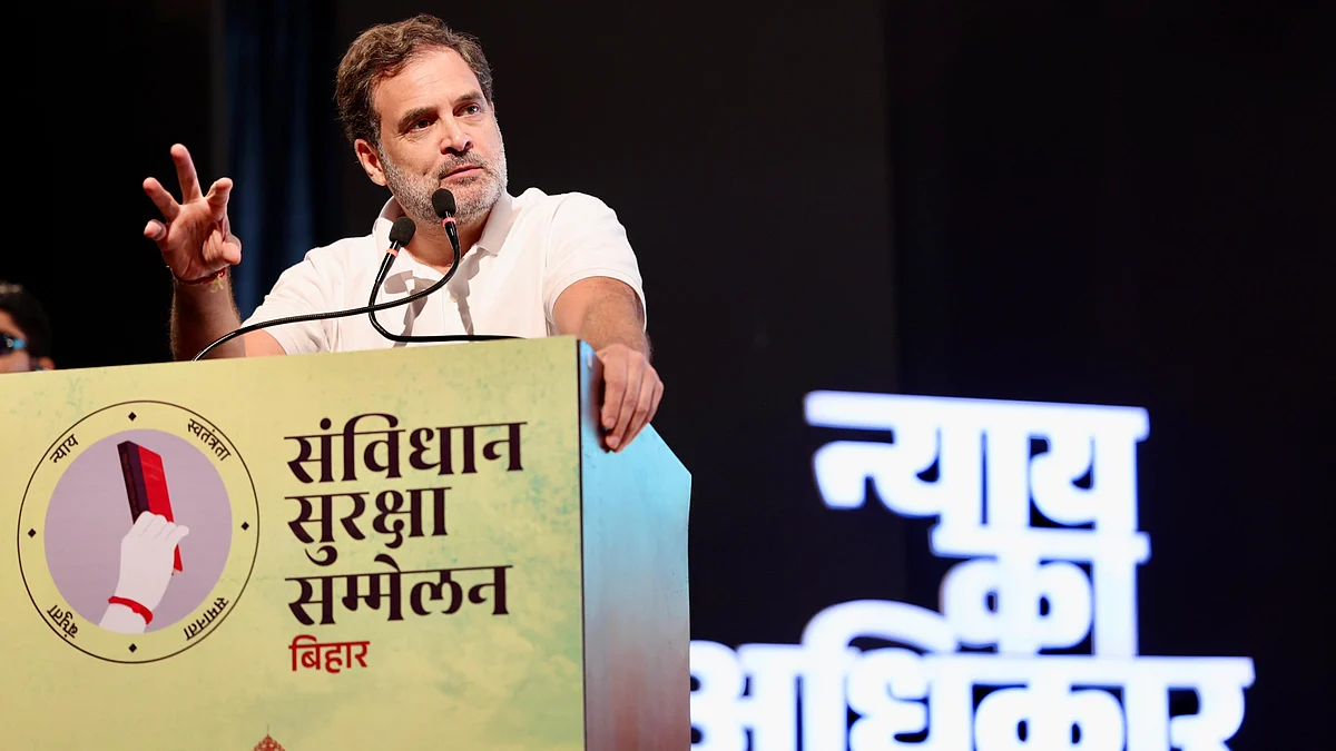 Rahul Gandhi during his address (photo: @INCIndia/X)