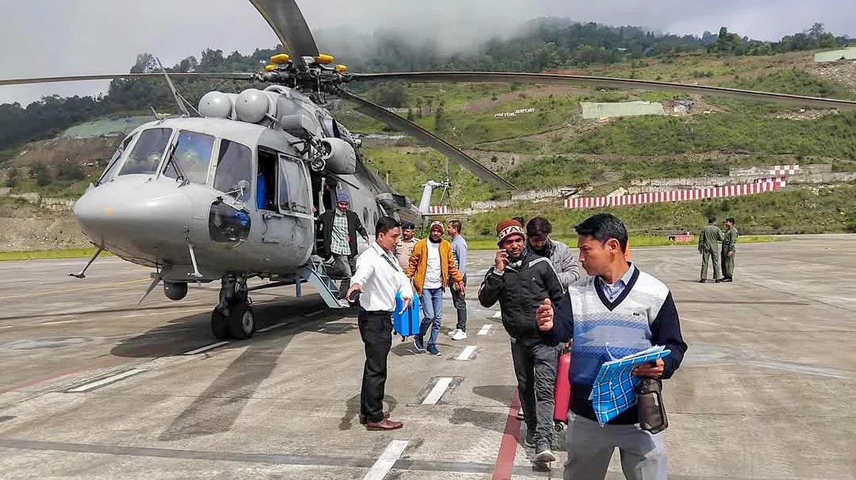 IAF helicopter at Pakyong airport in Sikkim on 5 June (photo: PTI)